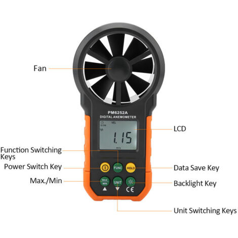 PEAKMETER PM6252A Anemometro professionale per la misurazione del flusso d'aria, misuratore di velocità del vento digitale portatile con indicatore di batteria scarica