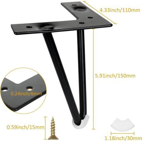 HANBING Set di 4 gambe per tavolo a forcina da 15 cm, gambe per tavolino da caffè in metallo nero con viti, gambe per mobili in stile industriale per tavolini da caffè, armadietti, con protezioni in g (1/4)
