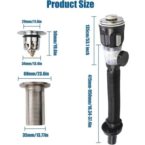kit di scarico per lavello - Kit tubo di scarico per lavello - Sifone antiodore - Filtro a scomparsa - Da 415 a 950 mm - Estensibile