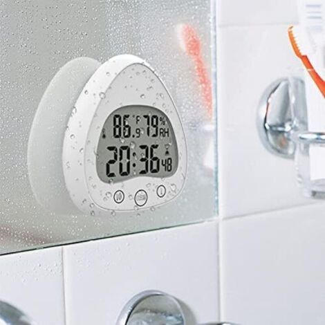 Orologio digitale da parete per bagno, doccia, silenzioso, timer da cucina, super impermeabile e antipolvere con gancio a ventosa, indicatore di temperatura e umidità (bianco)