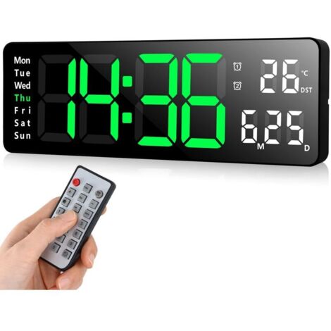 Orologio da parete digitale a LED con telecomando, timer con conto alla rovescia, luminosità regolabile, ideale per soggiorno e cucina (33 cm, verde)