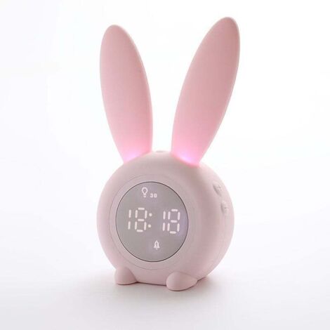 Sveglia digitale per bambini a forma di coniglio, con illuminazione ambientale regolabile e 5 suonerie ricaricabili, perfetta per la camera da letto. (1/4)