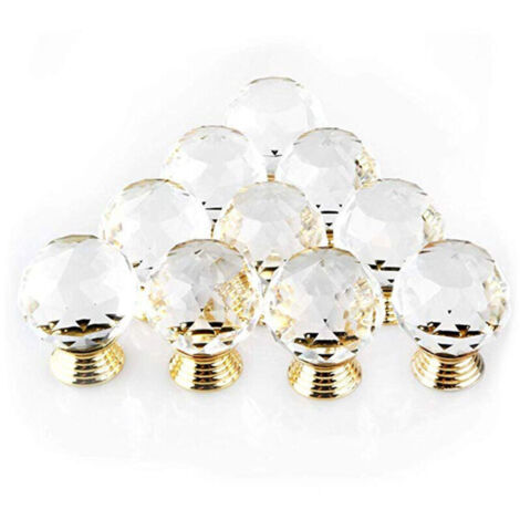 Set promozionale di 10 pomelli per porte in cristallo dorato, diametro 30 mm, pomelli rotondi in vetro per mobili e cassetti, pomelli decorativi per armadi e cassetti.