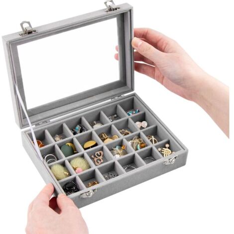 Portagioie in velluto grigio con 24 scomparti, ideale per riporre gioielli, anelli, collane, bracciali, orecchini e orologi, anche durante i viaggi.