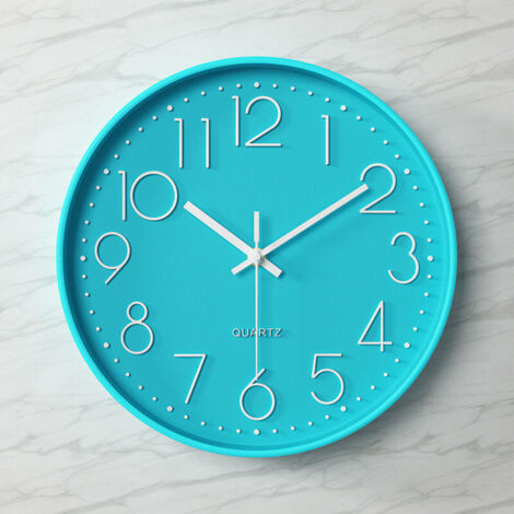 Orologio da parete rotondo silenzioso, di facile lettura, con numeri grandi, ideale per cucina, camera da letto, ufficio, scuola, blu turchese. (1/4)
