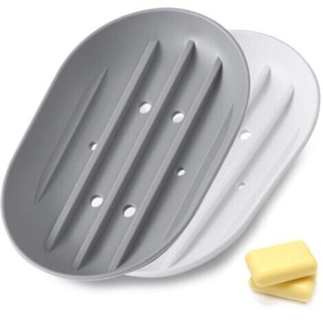 Set di 2 portasapone in silicone (bianco + grigio) con tubo di scarico, antiscivolo, per doccia/bagno/cucina