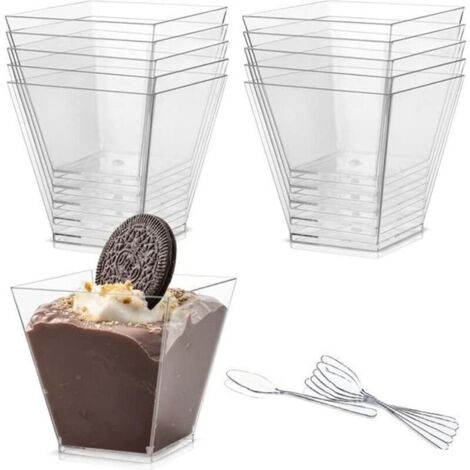 50 coppette da dessert in plastica riutilizzabili, resistenti, con cucchiaini, trasparenti, ideali come coppette o ciotole per dessert. (1/4)