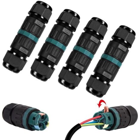 Confezione da 4 connettori elettrici impermeabili IP68 - Connettore a 3 pin per cavi di diametro 5-12 mm, scatola di derivazione per esterni per giardino e uso interrato (1/4)