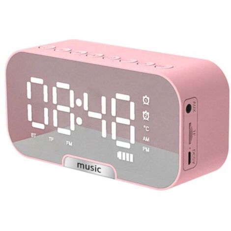 Sveglia digitale a specchio con altoparlante Bluetooth/radio FM/indicatore di temperatura, lettore musicale TF, 3 livelli di luminosità, supporto per telefono - Rosa