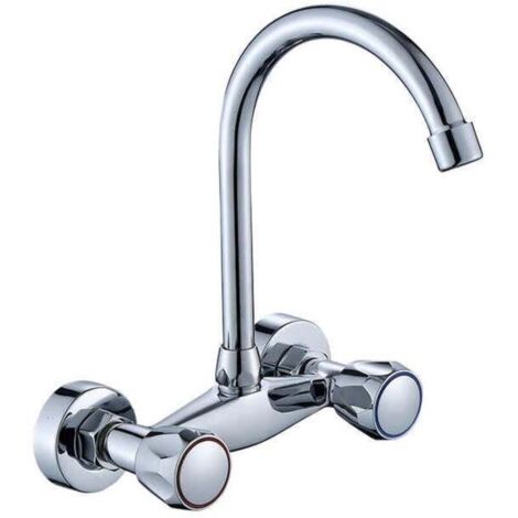Rubinetto da cucina a parete a 2 maniglie – Risparmio idrico, aeratore integrato, per lavello, lavabo e lavatrice