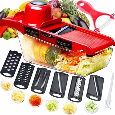Affettatrice manuale, tagliaverdure, tritatutto, grattugia, 6 lame intercambiabili in acciaio inox con pelapatate, protezione per le mani