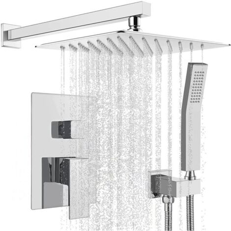 Colonna doccia a incasso, Set doccia a incasso, Set doccia a incasso cromato, Kit doccia a incasso con soffione quadrato 25x25 cm - Ottone e acciaio inox - Argento.