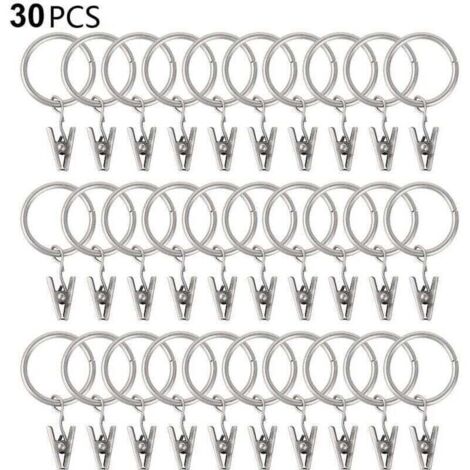 30 anelli per tende con clip, robuste clip per tende, ganci su staffa per asta a tensione, occhielli in metallo di diametro interno, appendini decorativi per tende, argento