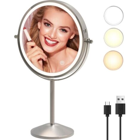 Specchio per il trucco illuminato, ingrandimento 1x/10x, specchio per il trucco con luce LED colorata, ricaricabile tramite USB, nichel (71N)