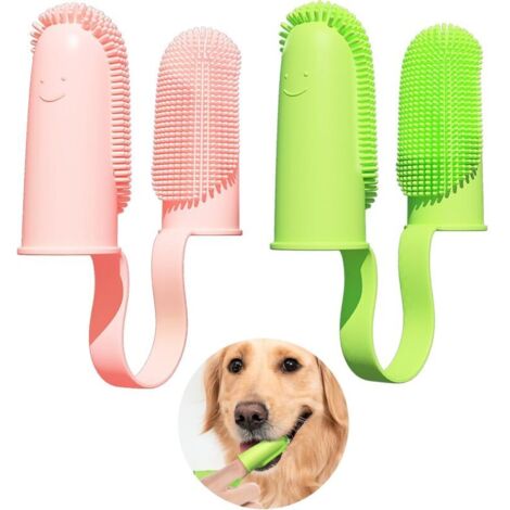 Set di 2 spazzolini per cani, setole avvolgenti a 135°, per la pulizia dei denti dei cani, spazzolini per cuccioli, gatti e cani di piccola taglia (rosa e verde) (1/4)