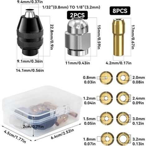 Set di 11 mandrini per trapano, mandrino Dremel 4486, pinze 4485, teste a pinza in ottone a cambio rapido per Dremel 4000, Trio e altri, con custodia.