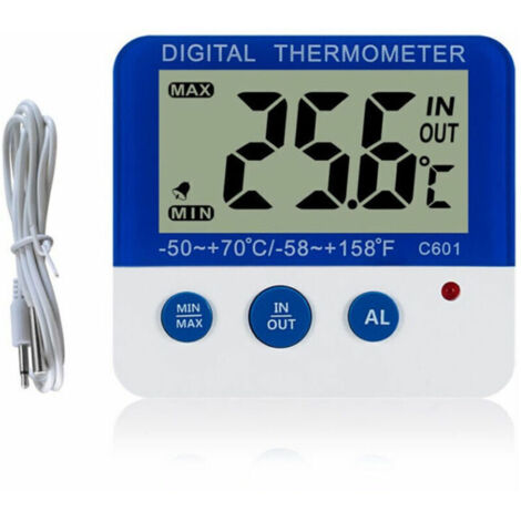 Termometro digitale per frigorifero con allarme e display LCD di facile lettura per visualizzare la temperatura massima e minima.