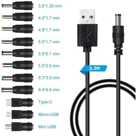 Cavo da USB a CC 5V, cavo di alimentazione da USB a CC, adattatore di alimentazione CC 11 in 1, connettore cilindrico CC da 5,5 x 2,1 mm per laptop, router, ecc. (1 m, nero)