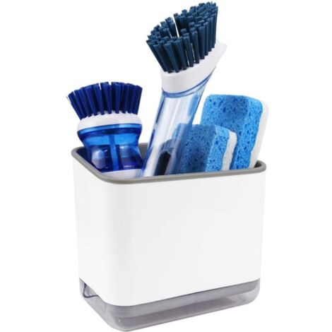 Supporto in plastica da appoggio per lavello, porta spugna per piatti, contenitore per spazzole e spugne da cucina con vassoio di scolo, bianco