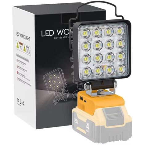 Lampada da lavoro a LED senza fili a lungo raggio con USB, compatibile con batteria agli ioni di litio Dewalt da 18 V, torcia multifunzione da 48 W e 4800 lumen.