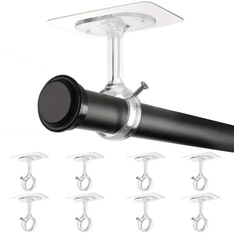 Set di 8 staffe da soffitto per aste per tende, fissaggio adesivo senza chiodi, ganci regolabili Ø3 cm, facili da installare a parete o a soffitto.