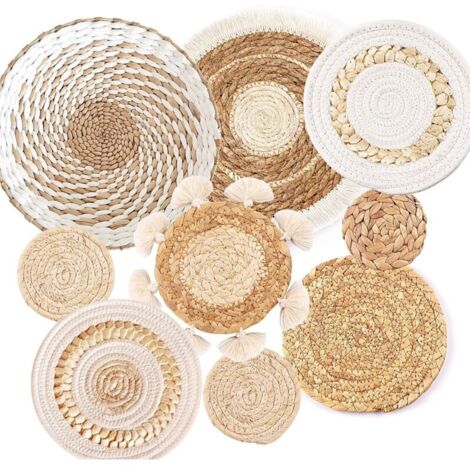 Set di 9 cestini da parete intrecciati in stile bohémien - Decorazione murale in erba marina e rattan - Decorazione murale rotonda ecologica per casa di campagna, camera da letto, soggiorno, tavolo da (1/4)