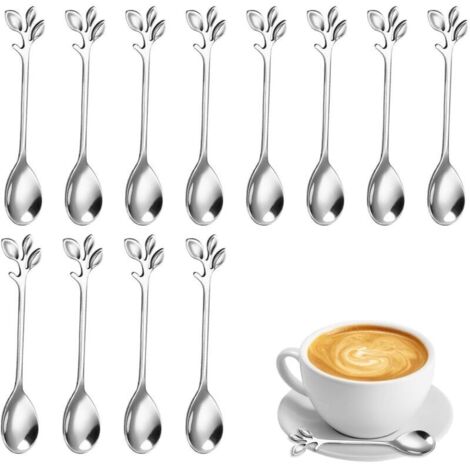 Set di 12 cucchiaini da tè a forma di foglia in acciaio inossidabile, mini cucchiaini da dessert con design a ramo per acqua, tè, latte - Argento (1/4)