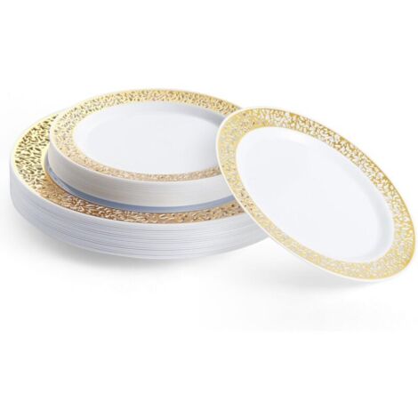 40 piatti di plastica riutilizzabili bianchi di alta qualità con bordo dorato (20 piatti piani, 20 piatti da dessert) - Resistenti ed eleganti per matrimoni, compleanni, feste (1/4)