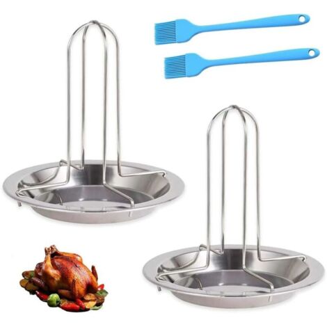Set di 2 girarrosti per pollo BBQ, girarrosto per pollo in acciaio inox con 2 pennelli per olio, teglie antiaderenti per pollo e tacchino, per cucinare e barbecue