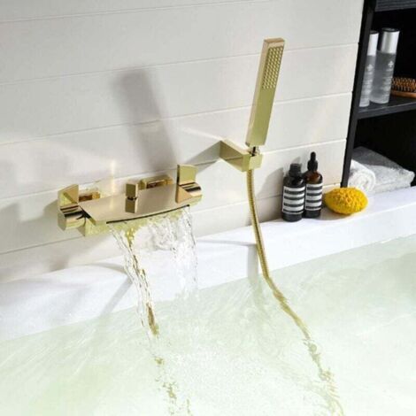 Miscelatore per vasca da bagno a cascata a parete in oro, rubinetto per vasca da bagno a parete per bagno, rubinetto per vasca con doccetta, miscelatore per vasca