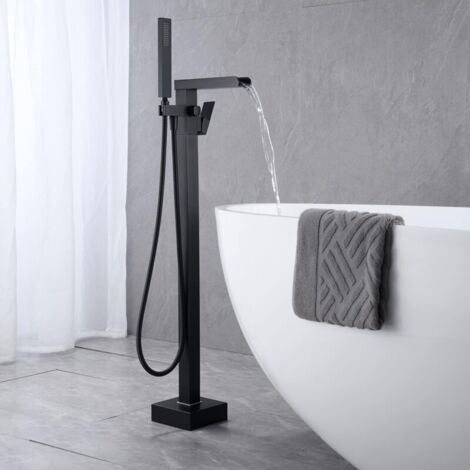 Rubinetto per vasca con doccetta a cascata, miscelatore da pavimento indipendente, miscelatore per vasca a isola con maniglia nera (collegamento interno)