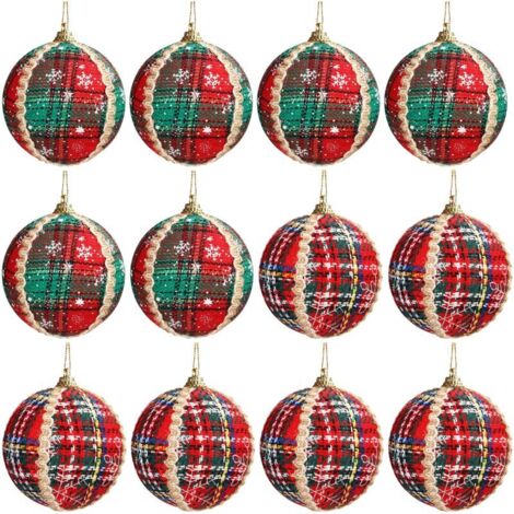 Palline di Natale (set da 12) - Palline di Natale in tartan verde e rosso da 8 cm con spago - Palline per albero di Natale per decorazioni natalizie da interni e da appendere all'albero di Natale (1/4)
