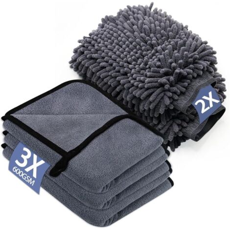 Kit per la pulizia dell'auto: confezione da 3 panni in microfibra e confezione da 2 guanti in microfibra, 600 g/m² per la pulizia e l'asciugatura dell'auto (40 x 30 cm) (1/4)