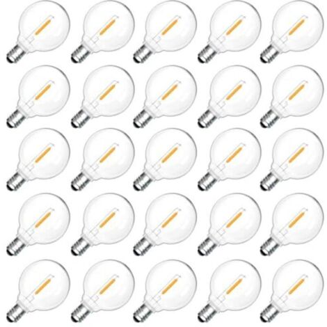 25 lampadine LED per esterni E12 G40 1W, bianco caldo 2200K, lampadine a filamento LED G40 trasparenti, impermeabili IP54, lampadine di ricambio E12, 230V non dimmerabili, per giardino, patio, balcone (1/4)