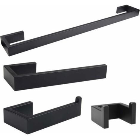 Set di 4 accessori da bagno in acciaio inox 304 nero: portasciugamani da 40 cm, portarotolo, portasciugamani da 14 cm e gancio per asciugamani.