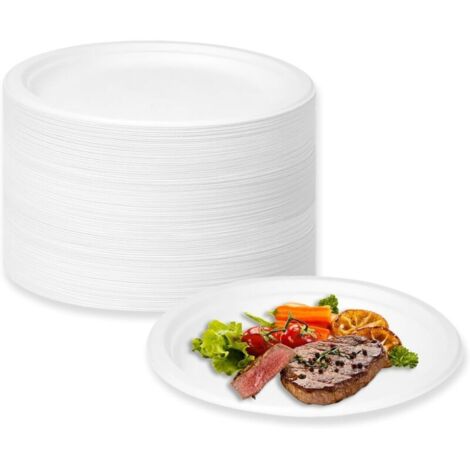 Piatti monouso, 100 pezzi, bagassa di canna da zucchero, piatti di carta di cartone per picnic, feste, barbecue, compleanni (bianco, 22,8 cm) (1/4)