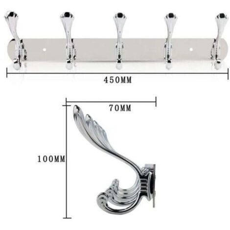 Appendiabiti da bagno, da parete con 5 ganci - acciaio inox - argento - 45 x 7 x 10 cm
