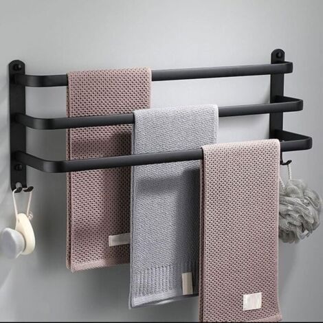 Portasciugamani da bagno, portasciugamani da cucina, portasciugamani da parete multistrato, nero con ganci, barra portasciugamani in alluminio - 50 cm, nero, 3 strati (1/4)