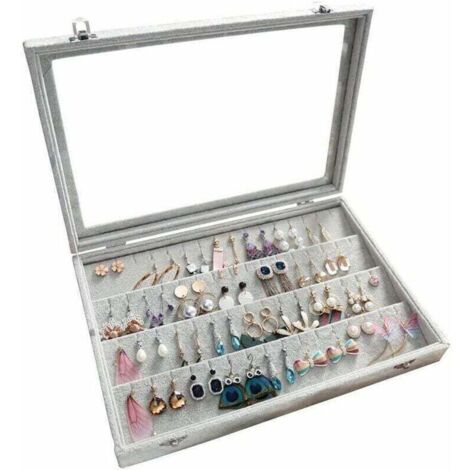Portaorecchini, 36 paia di orecchini portagioie, scatola organizer per orecchini, velluto e vetro, impilabile, chiudibile a chiave, antipolvere, 35x24x5 cm (1/4)