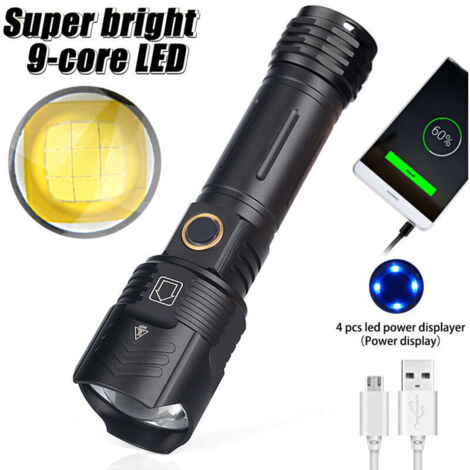Torcia LED ricaricabile XHP100 da 12000 lumen, super potente, torcia tattica con zoom e 5 modalità, torcia USB portatile per campeggio all'aperto
