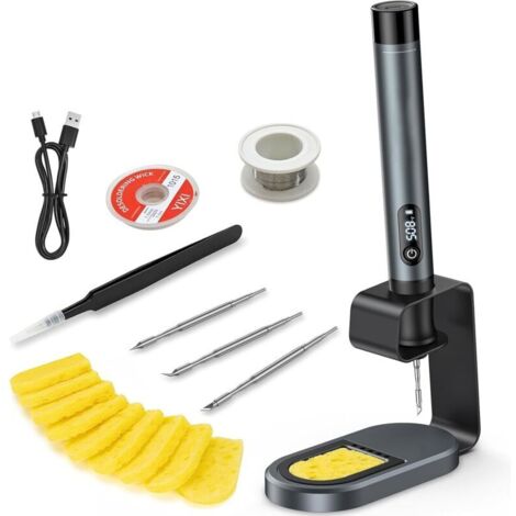 Saldatore senza fili con schermo LCD, si riscalda in 7 secondi, temperatura regolabile 200–450°C, ricarica USB-C, modalità di sospensione automatica, 3 punte C210 e kit portatile per riparazioni fai d