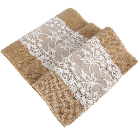 Tovaglia da tavola vintage in iuta You's Auto 30 x 275 cm, stile shabby chic rustico, con pizzo, ideale per matrimoni, festival e feste (1 pezzo)