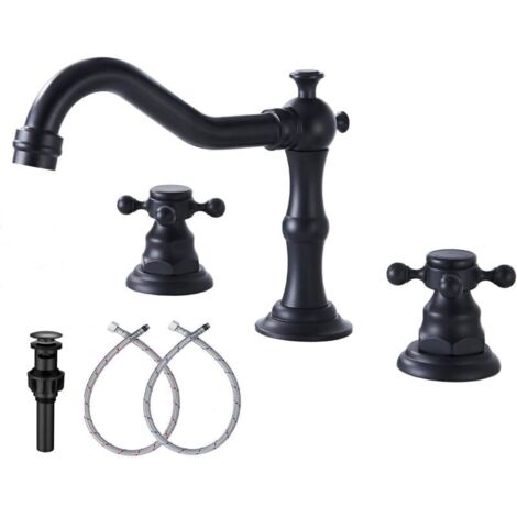 Rubinetto per lavabo da bagno nero GGStudy Faucets, a 2 maniglie e 3 fori, di ampio utilizzo, da 8 pollici, completo di scarico e tubo flessibile. (1/4)