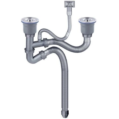 Gruppo completo di scarico per lavello in acciaio inox, per lavello doppio, con tubo di collegamento e diametro del tubo di scarico di 110 mm.