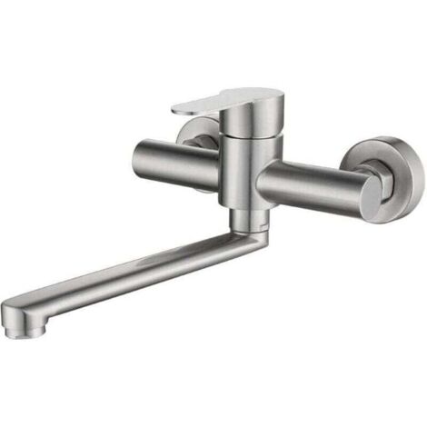 Rubinetto da cucina a parete, miscelatore per lavello girevole a 360°, in acciaio inox spazzolato 304.