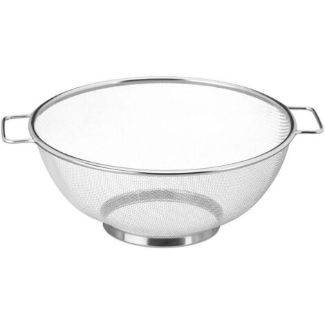 Scolapasta in acciaio inox da 26 cm, utensile da cucina per scolare pasta e insalata, con manico e base ad anello, colore argento.