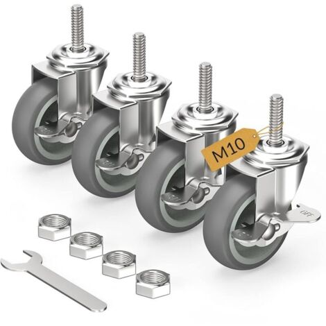 Ruote per mobili da 75 mm con freno, M10 x 1,5 x 30 mm, set di 4 ruote girevoli con stelo filettato - Ruote bloccabili per carichi pesanti, grigie (1/4)