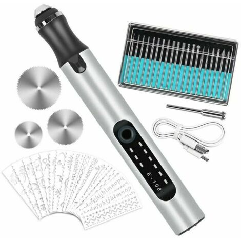 Penna per incisione elettrica multifunzionale, mini strumento per incisione - Penna per incisione ricaricabile tramite USB, con 20 punte e 16 modelli per la creazione di gioielli fai-da-te su metallo, (1/3)