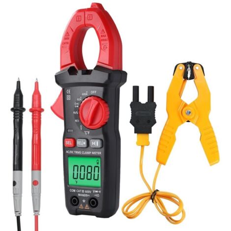 Multimetro digitale a pinza per corrente e tensione AC/DC, temperatura, capacità, frequenza, diodi, continuità, tester di tensione senza contatto con ganascia a forma di D, display LCD retroilluminato