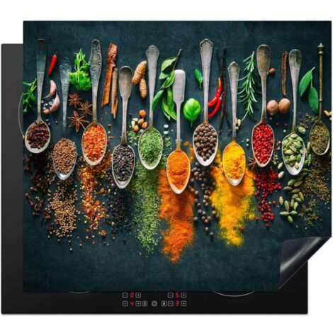 Copertura protettiva per piano cottura, tappetino decorativo per cucina a induzione, 40x60 cm, con motivo erbe aromatiche, spezie e cucchiai.